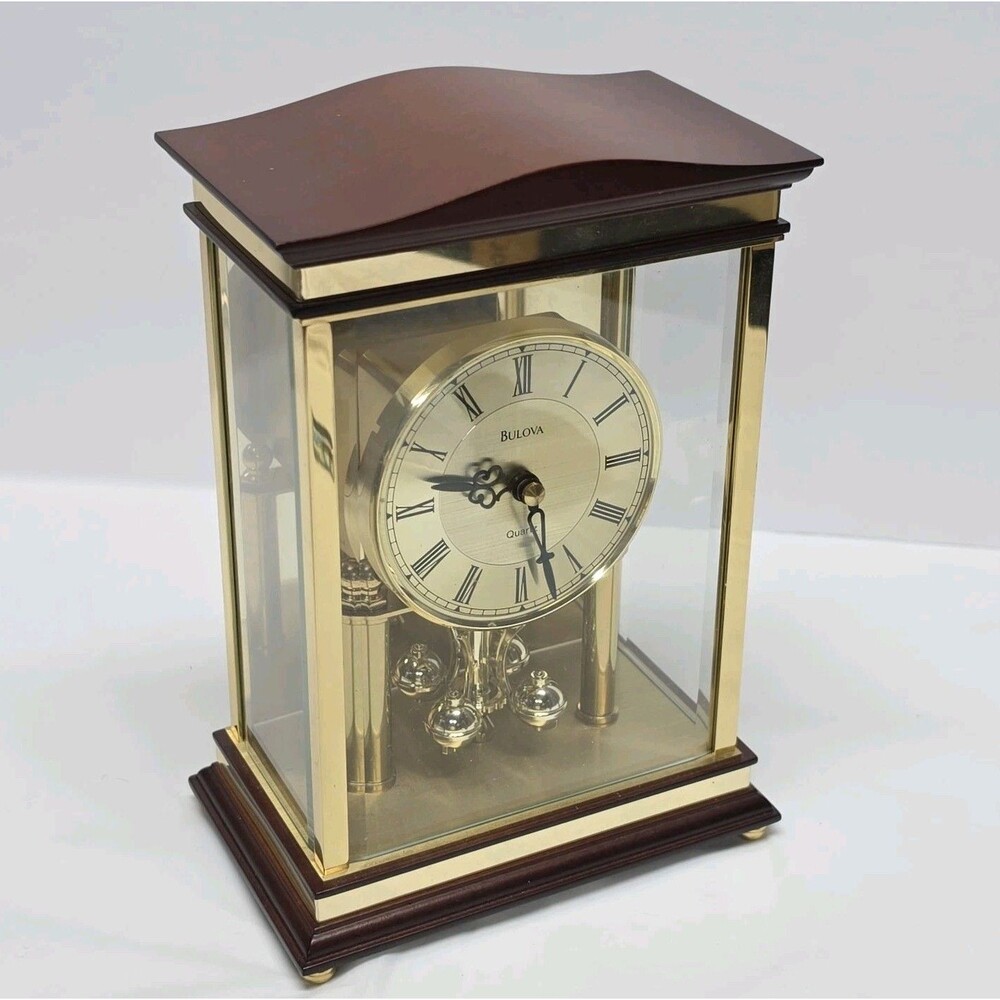 Bulova Quartz Anniversary Mantel Clock Germany Brass Glass Rotating Pendulum